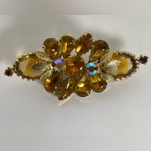 Vintage Gold Toned Leaf  Faceted Yellow Amber And Aurora Borealis Brooch